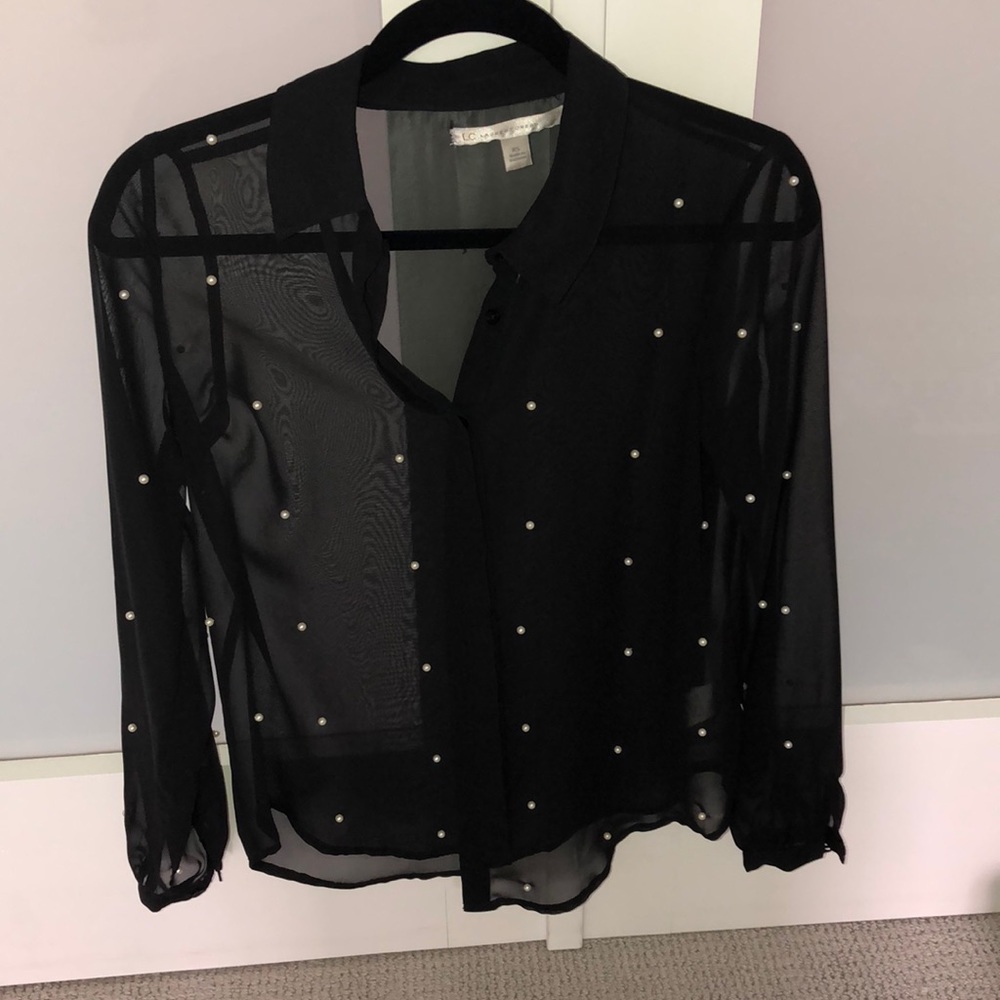 Lauren Conrad black button down with pearls